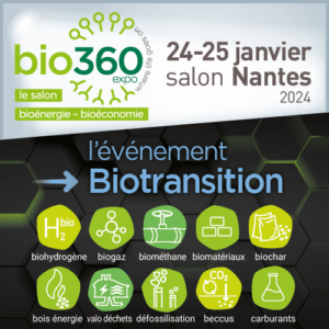 bannière carré salon Bio360 Expo Nantes Janvier 2024 avec vignettes thématiques biohydrogène, biogaz, biométhane, biochar, bois énergie, valo déchets, défossilisation, beccus, carburants