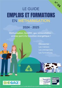 Page de couverture illustrée du nouveau guide emplois et formations en méthanisation pour présenter la filière, parler des métiers, présenter les entreprises et lister les formations de la filière.