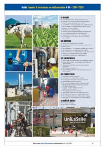 Page de sommaire avec nombreuses photos illustrant le contenu du nouveau guide emplois et formations en méthanisation en 5 parties: le biogaz, les métiers, les entreprises, les formations et la boîte à outils