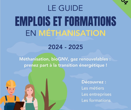 Zoom page de couverture illustrée du nouveau guide emplois et formations en méthanisation pour présenter la filière, parler des métiers, présenter les entreprises et lister les formations de la filière.